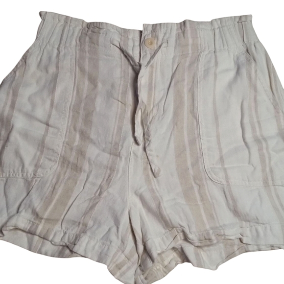 Madewell Paper Bag Tie Waist Linen Blend Subtle Stripe Shorts Tan Size Small - Picture 2 of 10